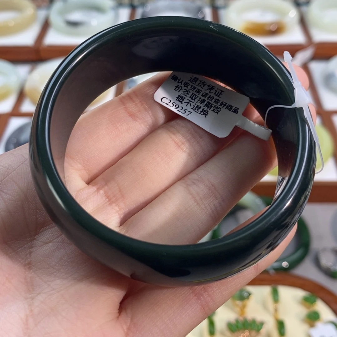 和田玉未镶嵌手镯塔青一细轮胎57/58