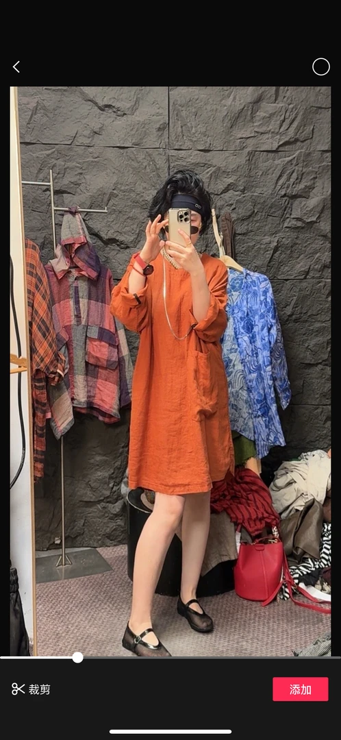 35纯亚麻橘色宽松中长款袍子设计休闲气质显瘦女装