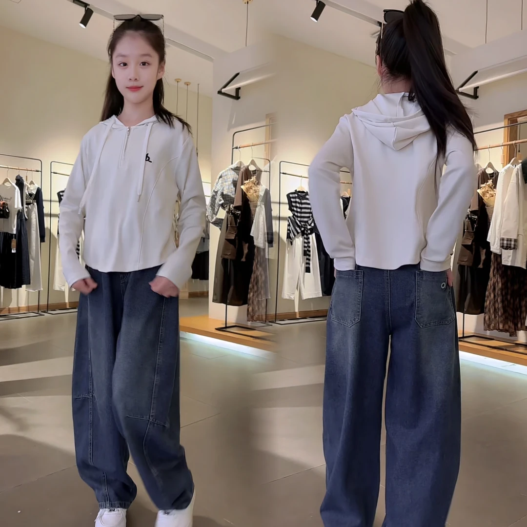 女童春秋新款休闲潮酷连帽衫百搭牛仔弯刀裤女大童韩系穿搭潮