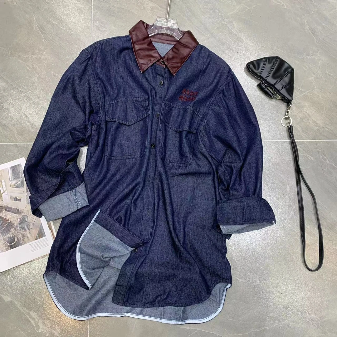 Manmi 皮料拼接刺绣牛仔衬衫 66028（A6）