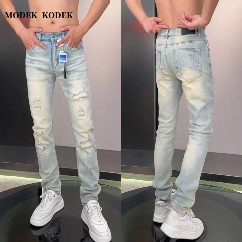 MODEK KODEK时尚潮牌破洞修身小脚牛仔裤男士潮流百搭复古长裤男