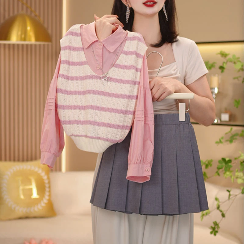 【闺蜜家】女童2025春季新款条纹针织马甲长袖衬衫百褶裙套装-8150