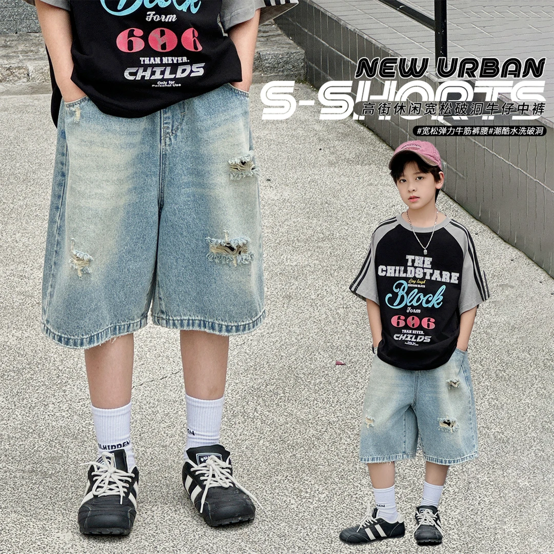 男童韩版破洞中裤七分裤童装男童通用牛仔裤夏季男孩短裤潮酷帅气
