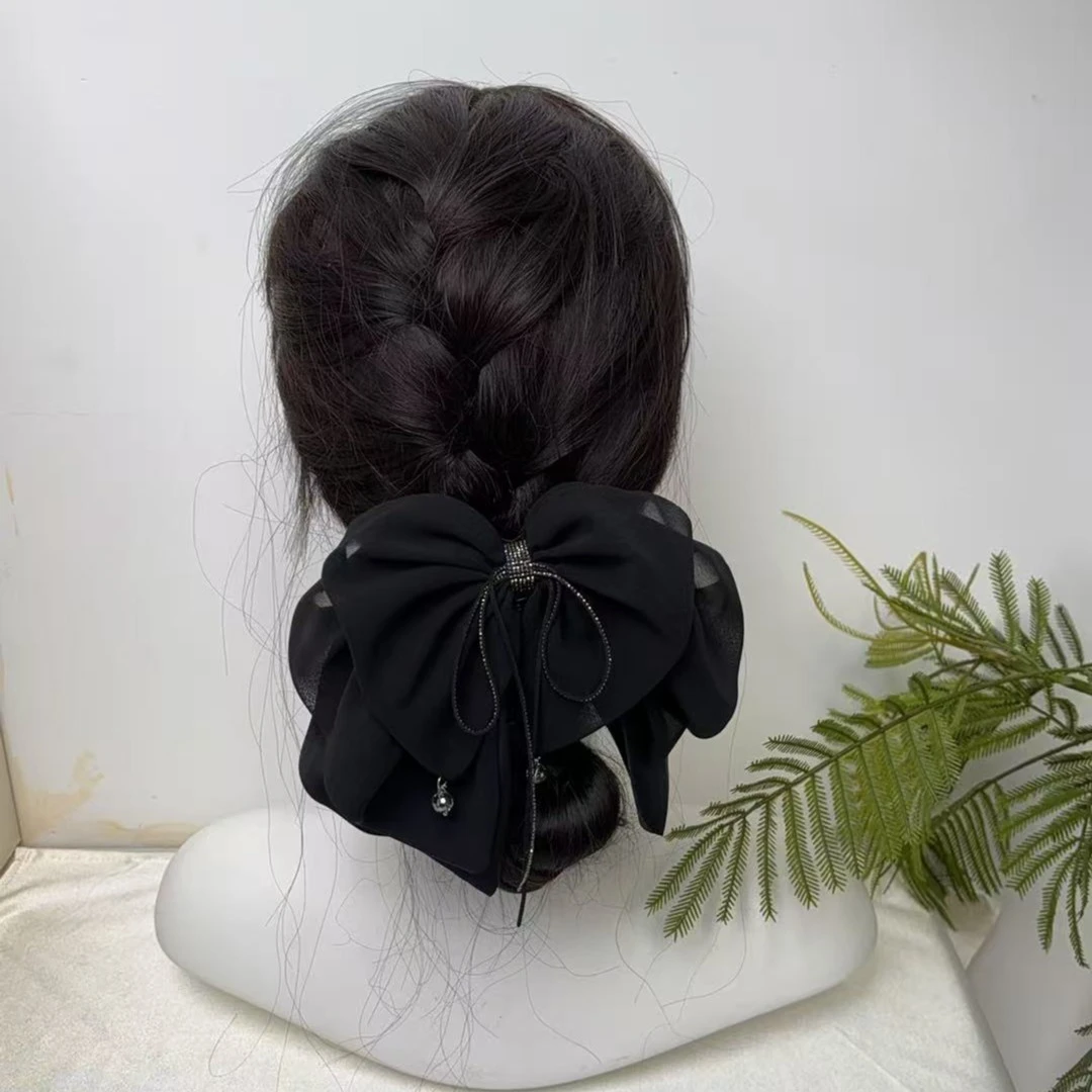 A014（5齿）森系女抓夹发夹缎面大蝴蝶结头饰韩版黑色欧若假日风