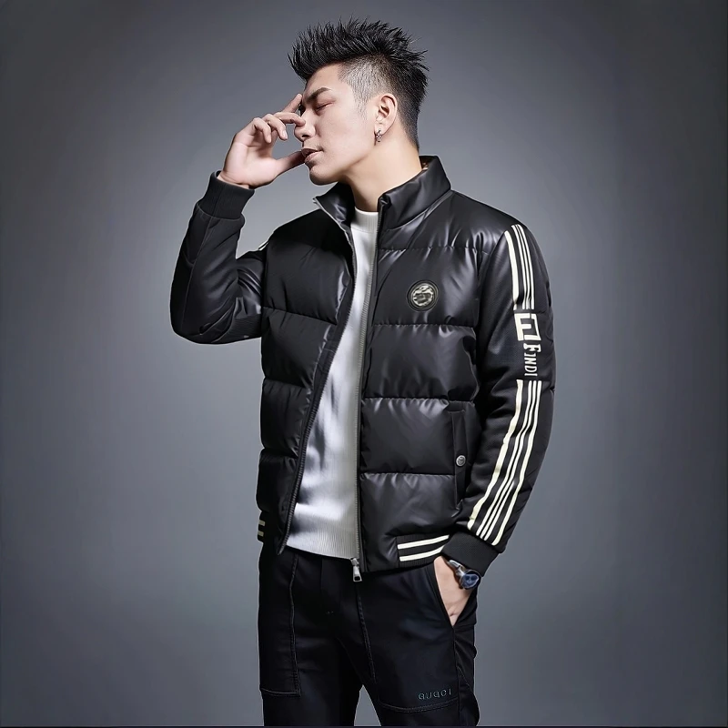 FOCKMERCH弗基马奇时尚针织袖条纹拼接外套拼接立领修身羽绒服