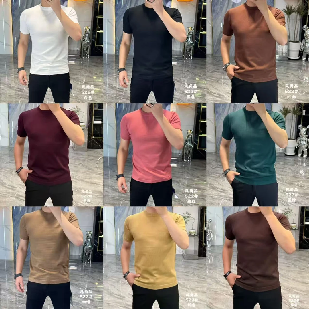 秋冬新款纯色针织短袖男士修身打底衫休闲简约522