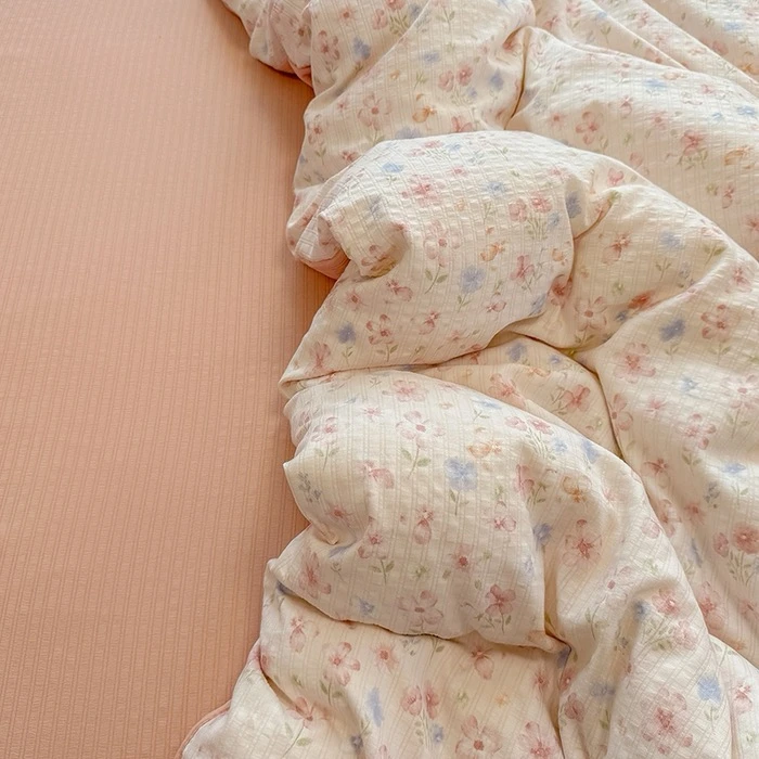 2025新款四件套A类皱皱双层纱宿舍三件套印花小清新床上用品