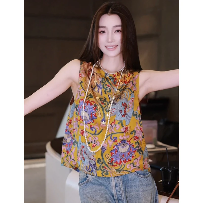 新中式国风复古独特漂亮黄色印花背心女2025新款夏季叠穿无袖上衣