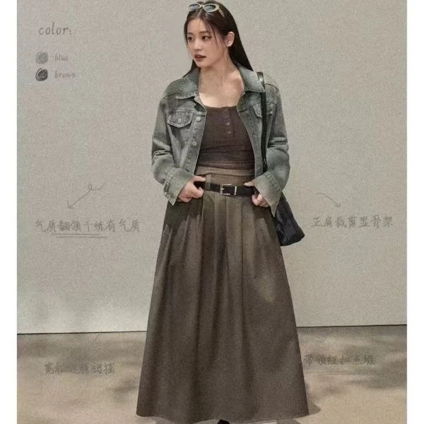 大码女装微胖妹妹mm深秋显瘦穿搭咖色长袖半裙宽松牛仔外套套装
