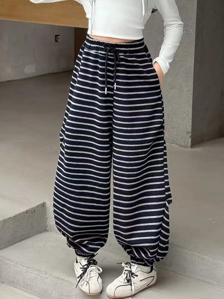 女童灯笼裤春秋2025新款中大童韩版条纹束脚裤儿童秋季时髦运动裤