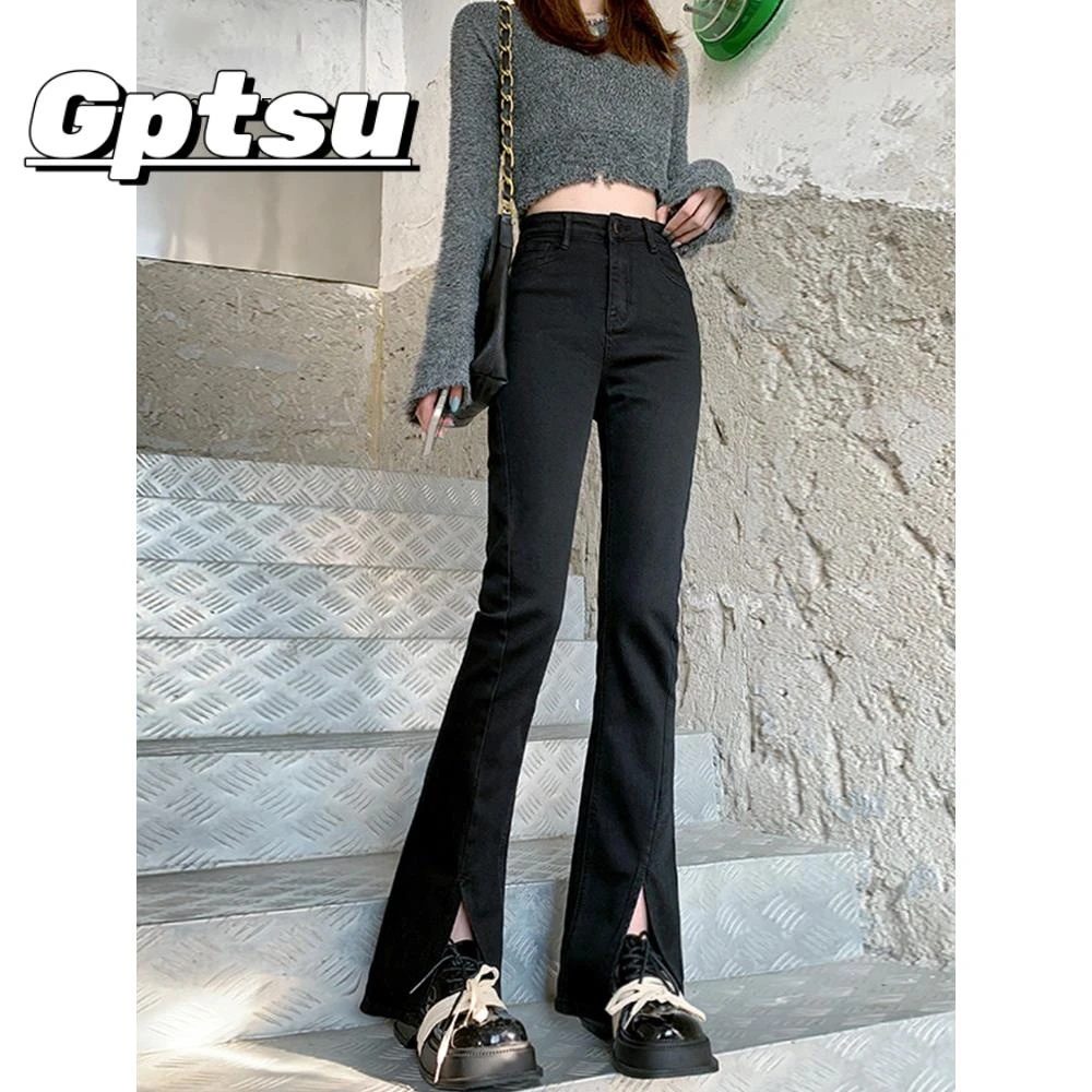 GPTSu黑色开叉喇叭牛仔裤女春秋2025新款小个子显瘦弹力微喇叭裤