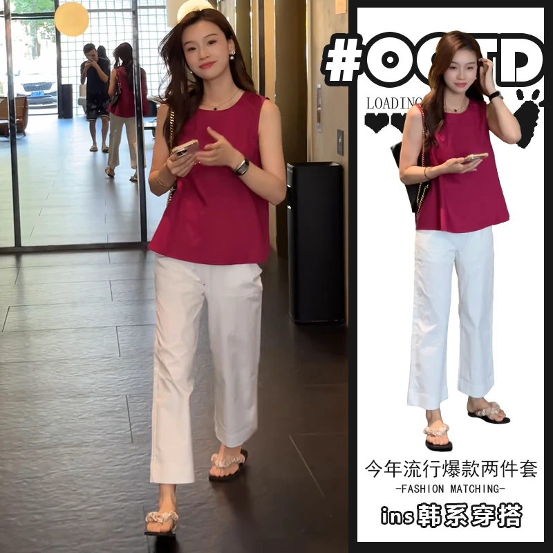 夏季时尚穿搭小个子一整套韩系无袖收腰上衣阔腿九分裤两件套装女
