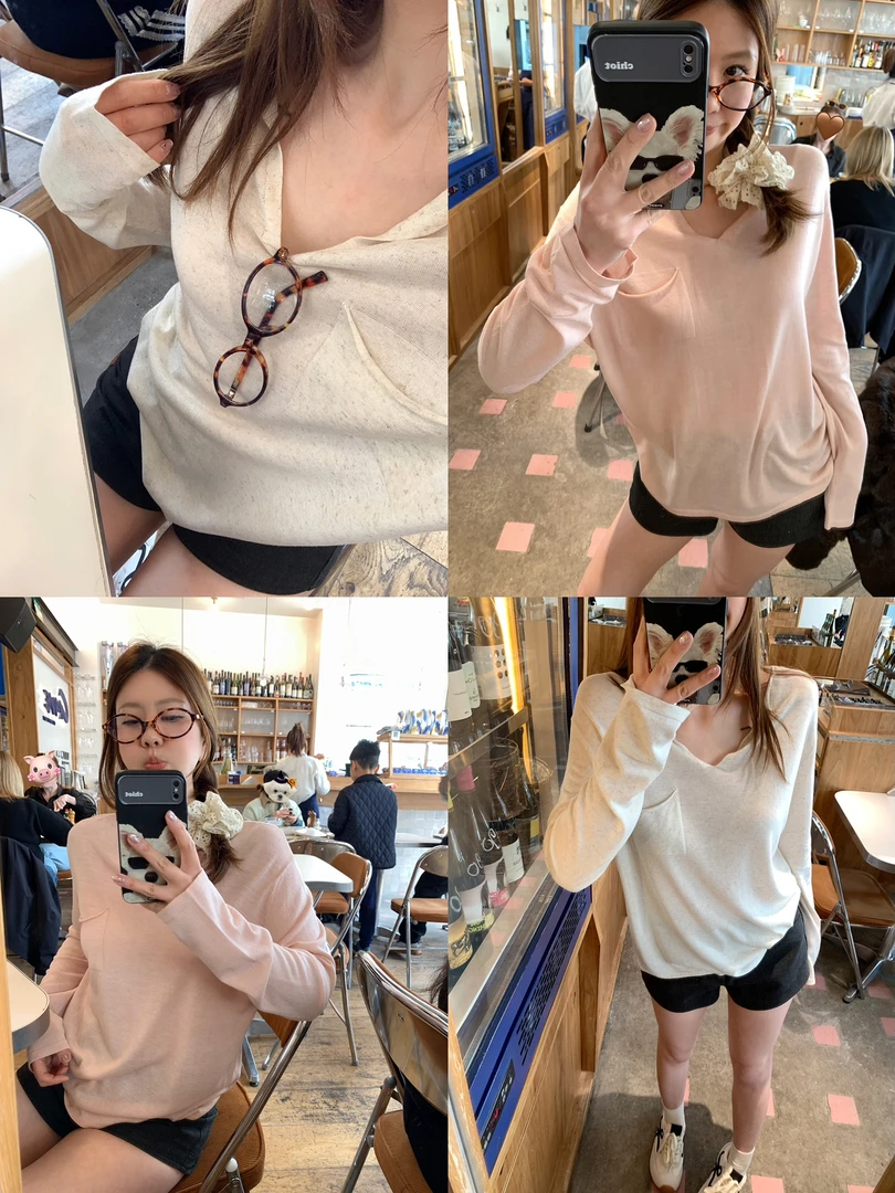 新 莱赛尔亚麻剪刀领长袖针织衫女夏季薄款宽松防晒显瘦上衣