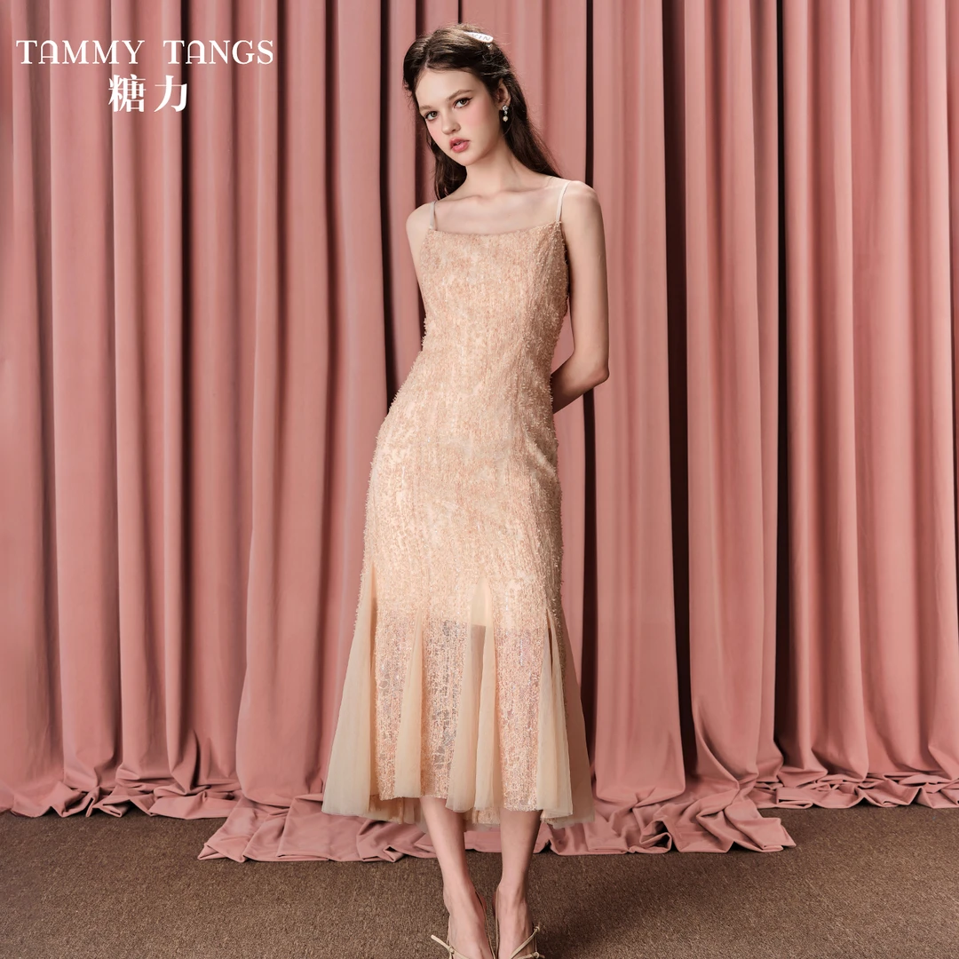 【老板娘夏天】糖力秋季新款亮片网纱绣花吊带连衣裙女气质性感长裙