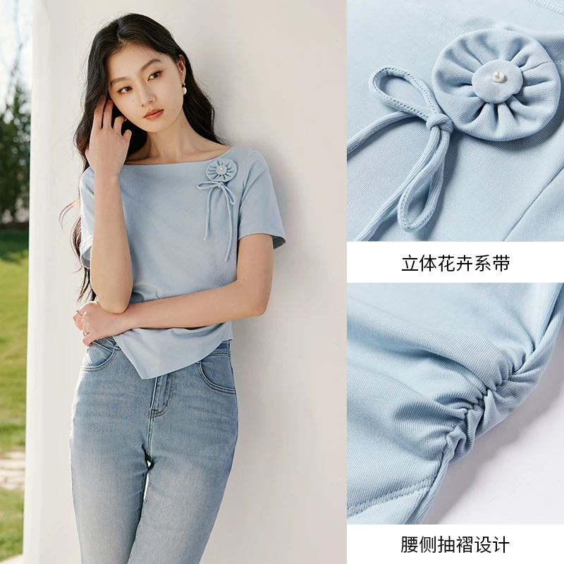 T85S510 T恤 香影立体花卉系带T恤女夏季新款正肩不规则短袖上衣