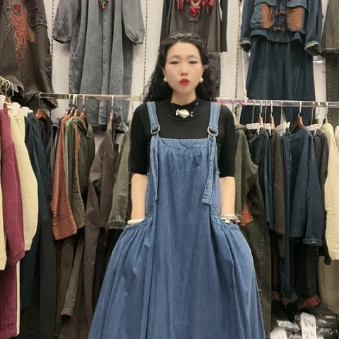 刺绣招财猫大摆背带裙