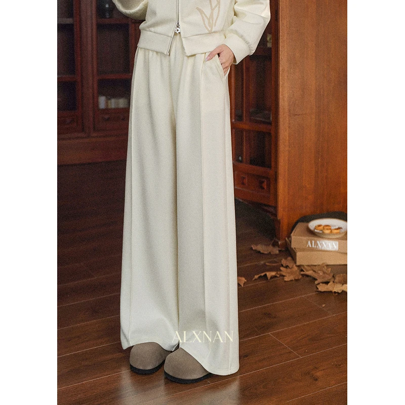 清清「云层花影」杏色休闲宽松直筒阔腿裤女秋季卫衣长裤L57960