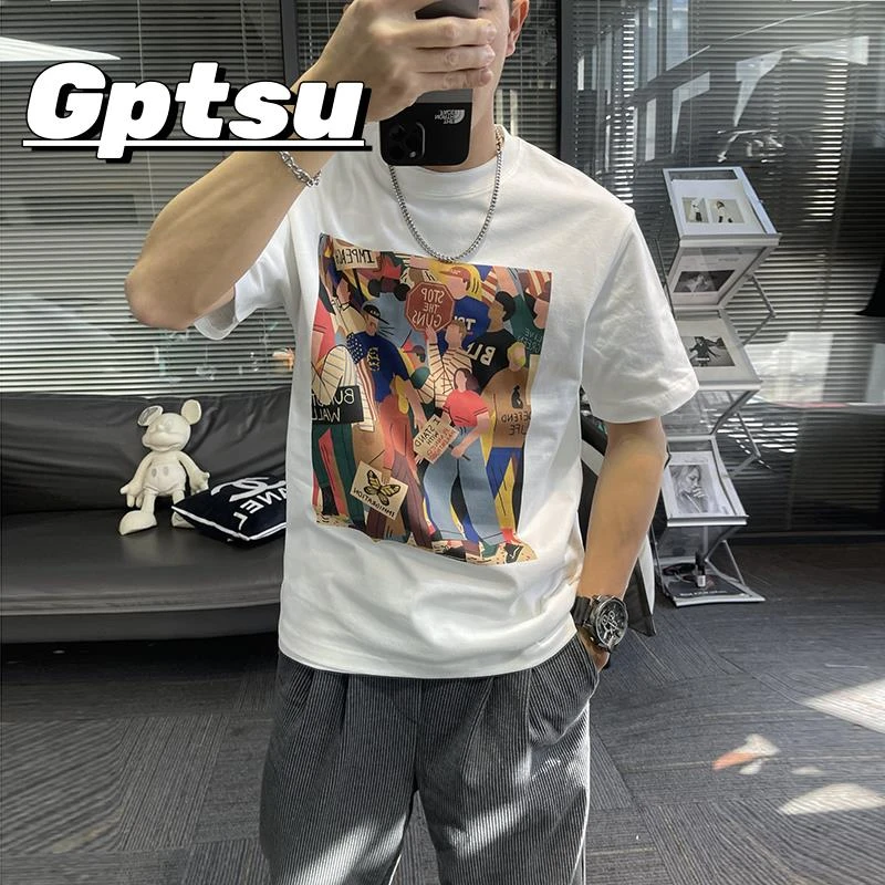 GPTSu夏季短袖t恤男新款圆领人物设计感油画印花潮牌百搭宽松休闲