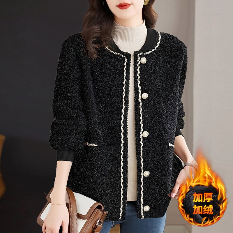 加绒小香风外套女士秋冬季新款大码女装摇粒绒棒球服黑色加厚上衣