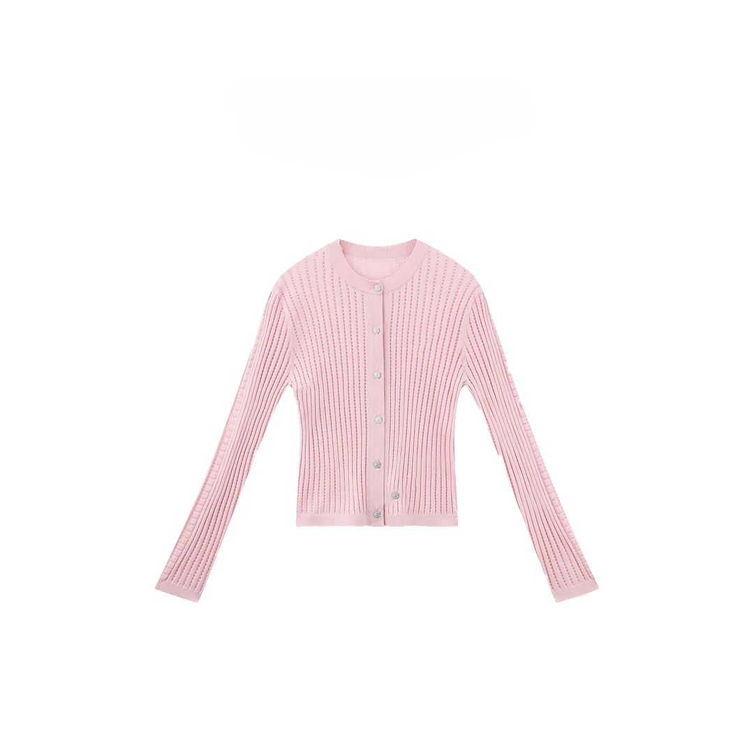 "粉芭比"100羊毛镂空针织开衫上衣 693