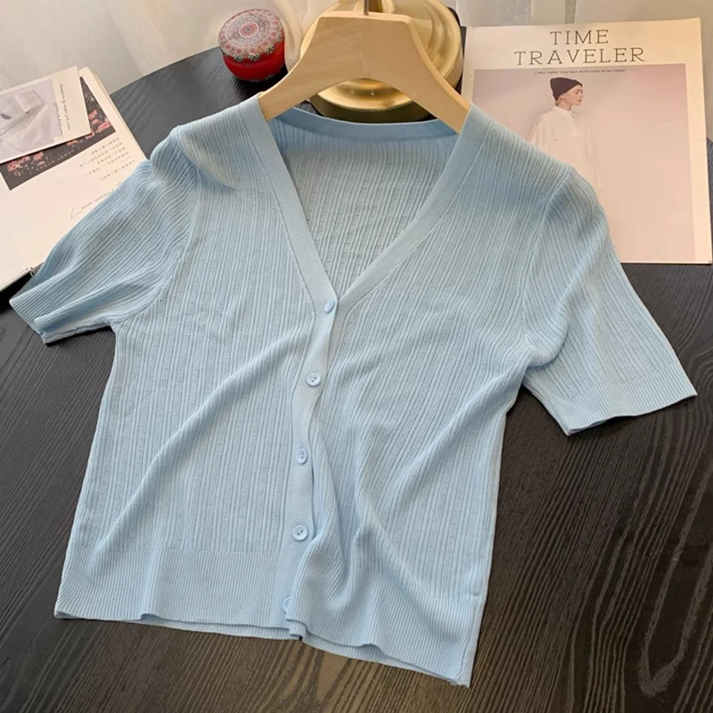 冰丝针织衫短袖女开衫薄款夏季百搭v领吊带外搭空调衫披肩外套女