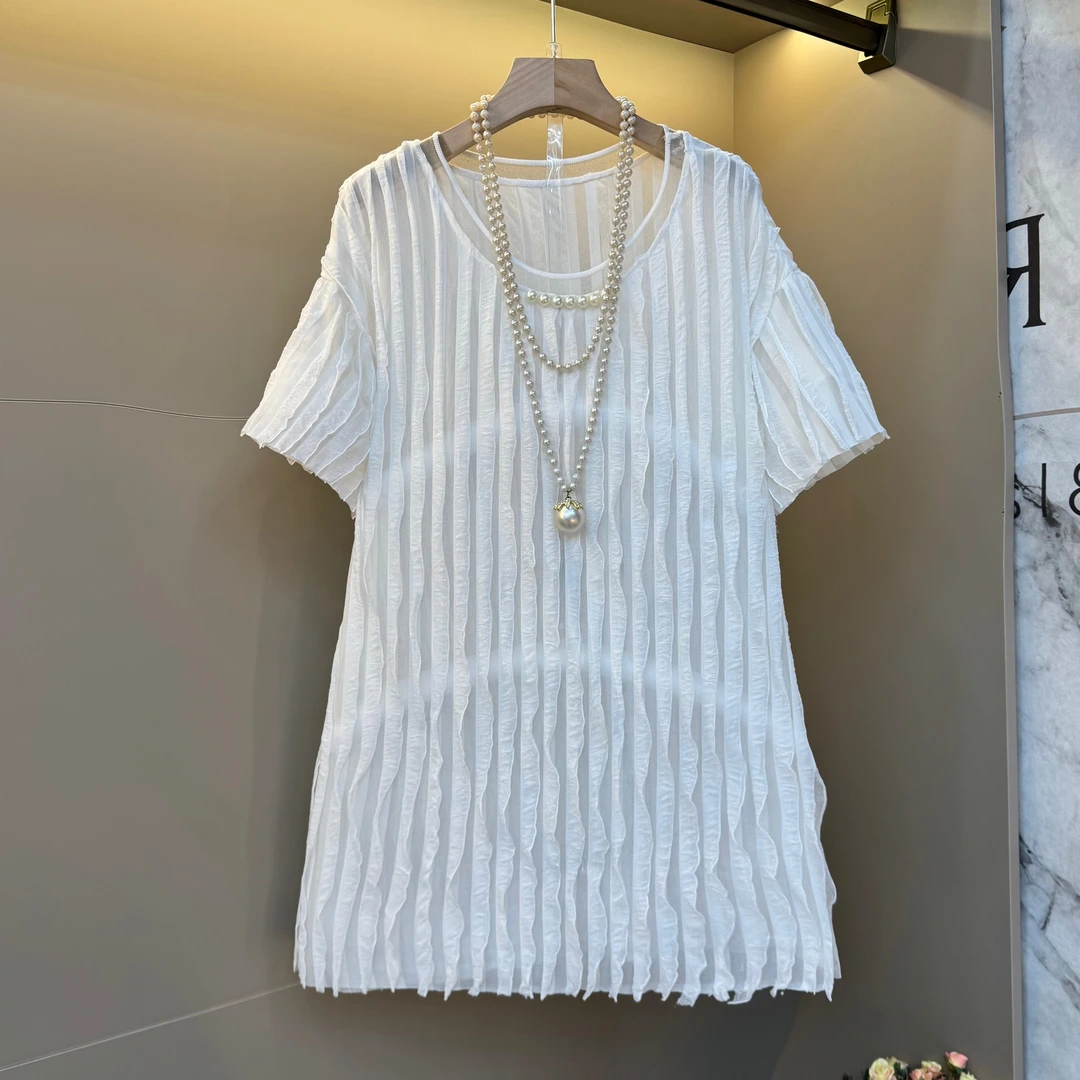2025欧货韩系褶皱竖条波浪纹网纱拼接珍珠圆领半袖胖mm大衫178