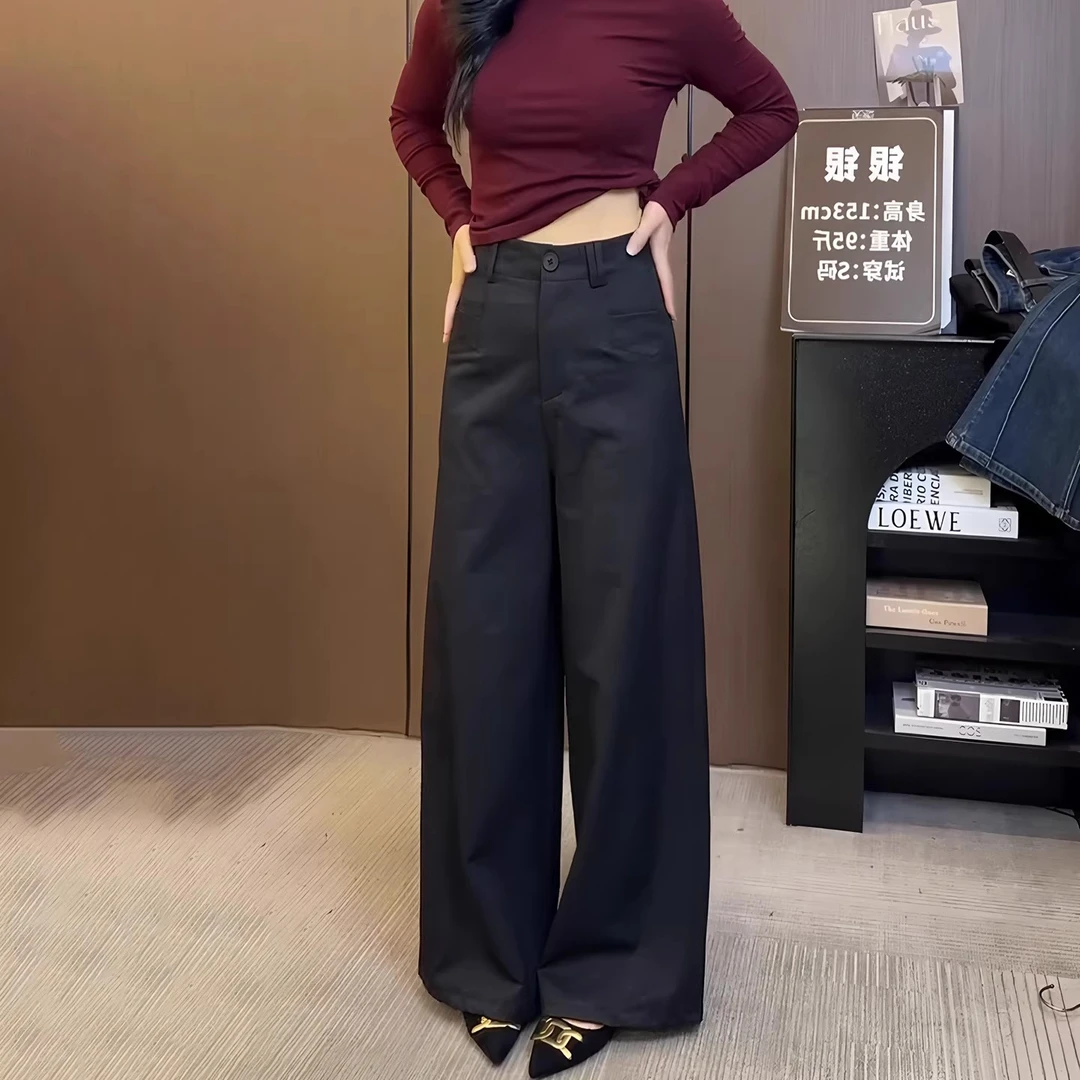 黑色西装面料休闲裤女秋季流行新款时髦减龄直筒裤百搭通勤阔腿裤