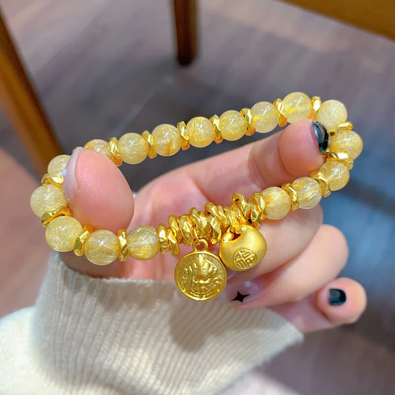 瑞诺黄金胖福黄财神金发.晶手链女足金七夕情人节礼物送女友