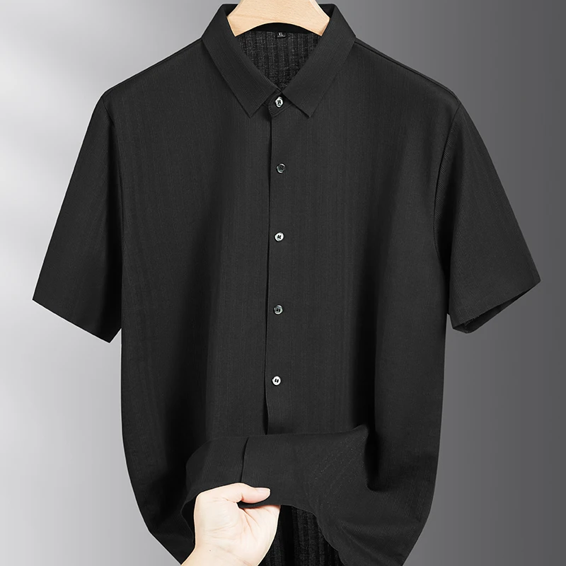 【75%棉】大码夏季男士百搭纯色短袖衬衫简约翻领上衣5613