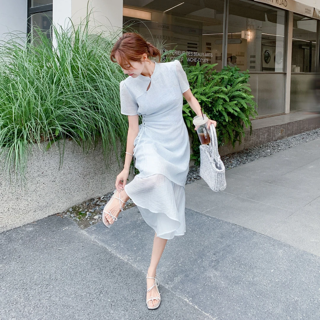 新中式国风气质连衣裙女2025夏季新款系带收腰改良旗袍拼接长裙子