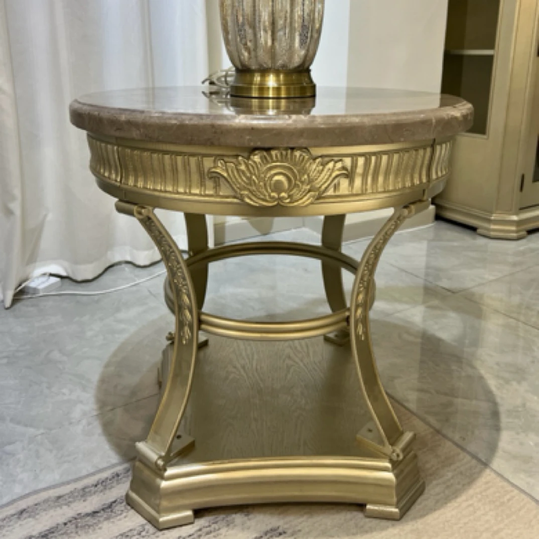 美式轻奢边几纯实木雕花做旧工艺法式复古圆形小茶几客厅玄关古典