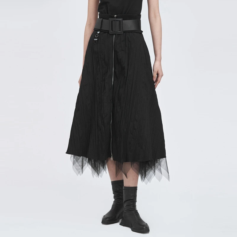 sdeer圣迪奥女装高腰字母肌理网纱拼接A字长裙S21481131