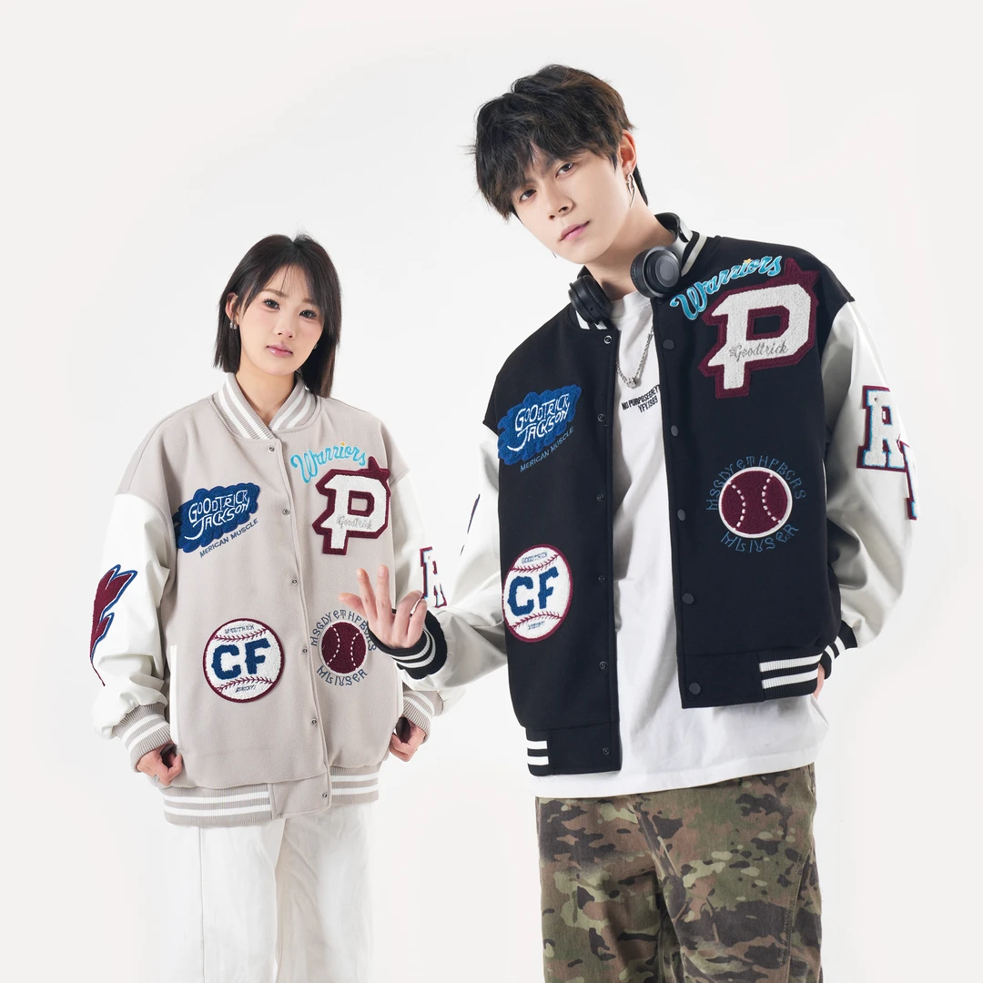 阿叔春季美式街头风绣花拼接棒球服百搭休闲款夹克外套YB-25017