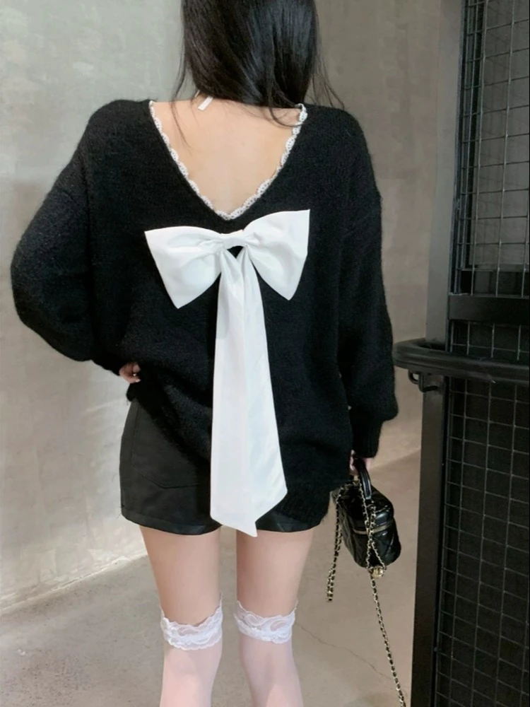 小香风蝴蝶结慵懒风毛衣女秋冬高级感一字肩上衣中长款圣诞针织衫