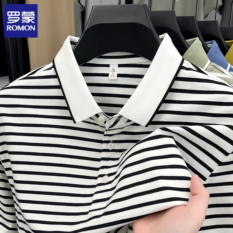 罗蒙夏季新款男士短袖t恤休闲时尚条纹翻领polo衫爸爸装半袖上衣