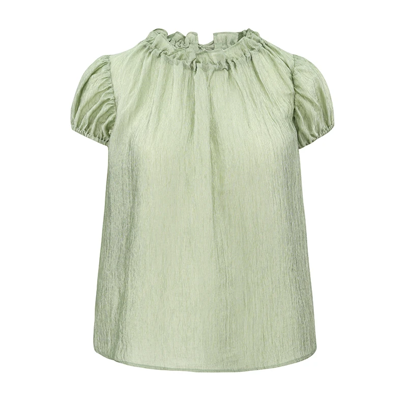 JUNGLE ME夏季新款甜美时尚花边圆领短袖套头衬衫女显瘦减龄百搭