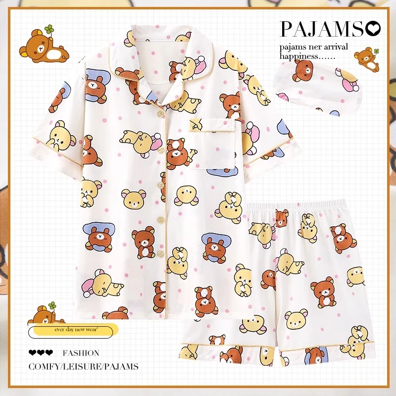 日系轻松熊夏季睡衣女纯棉短袖2025年新款可爱薄款夏天家居服套装