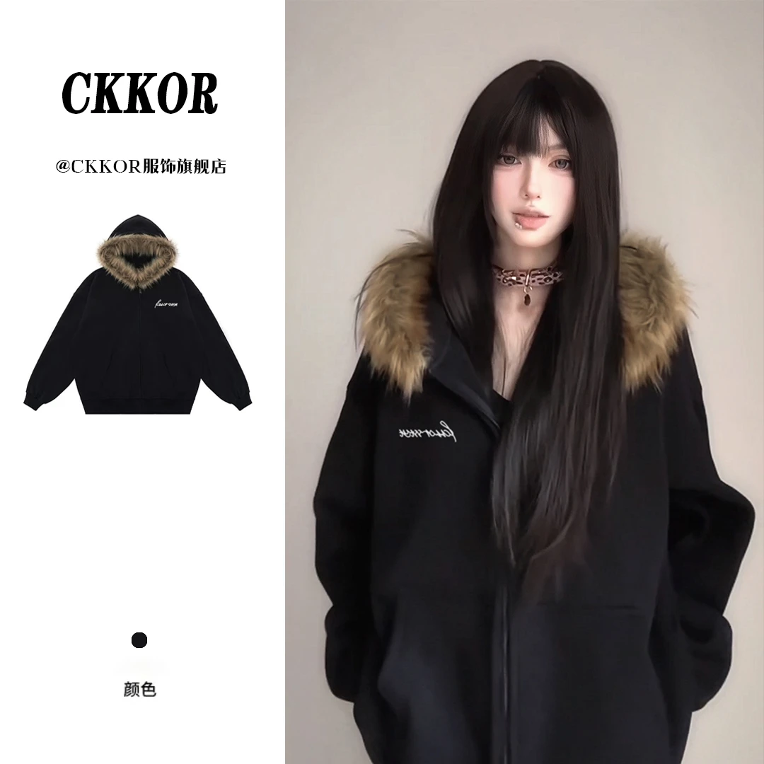 CKKOR美式复古学院风秋冬季毛领开衫棉衣外套女休闲连帽卫衣棉服