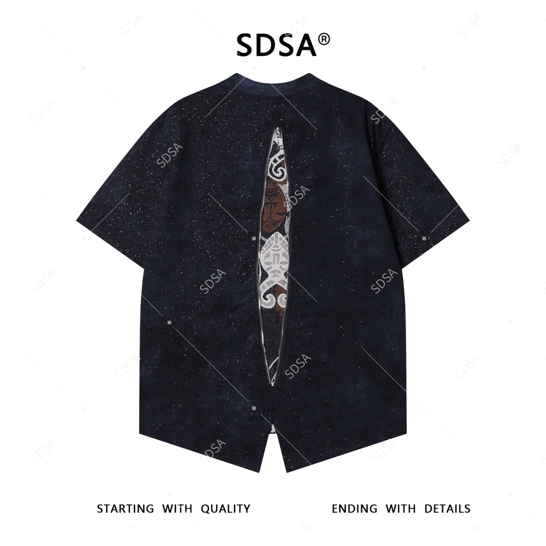 夏季高级感新款男士潮牌满天星拼接短袖T恤后背拉链设计圆领上衣