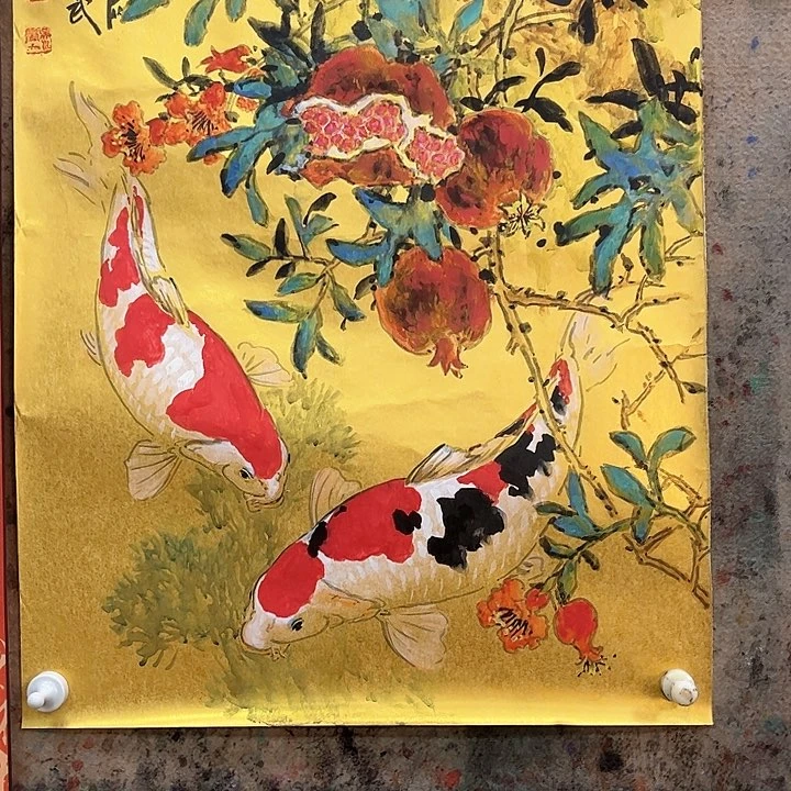 国画伟  欧武国画金潜纸原作石榴锦鲤