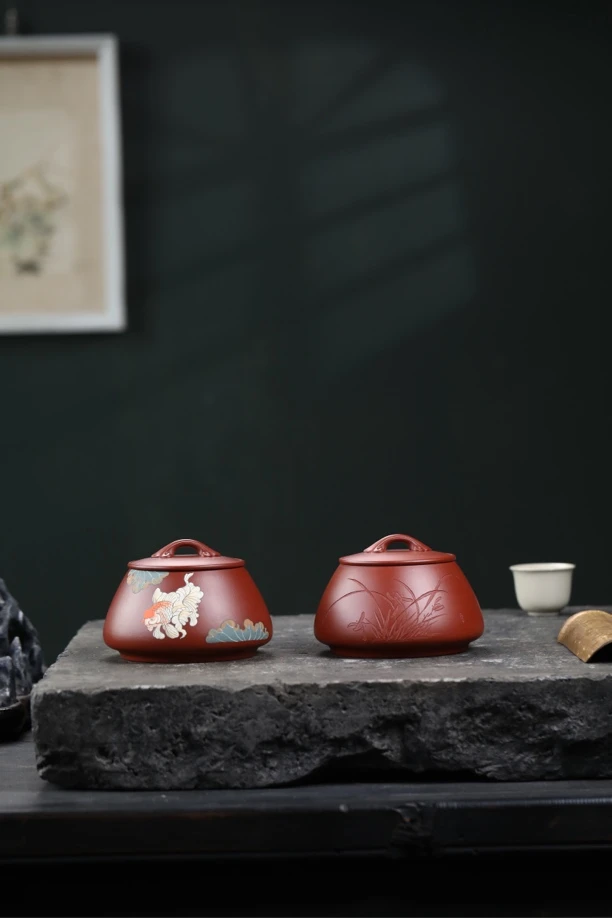 【如意石瓢】紫砂原矿大红袍茶叶罐全手工刻绘醒茶罐家用密封罐子
