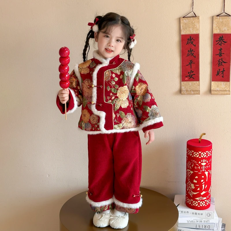 女童加绒套装新年服洋气冬装新款女宝宝国风加厚两件套小女孩拜年