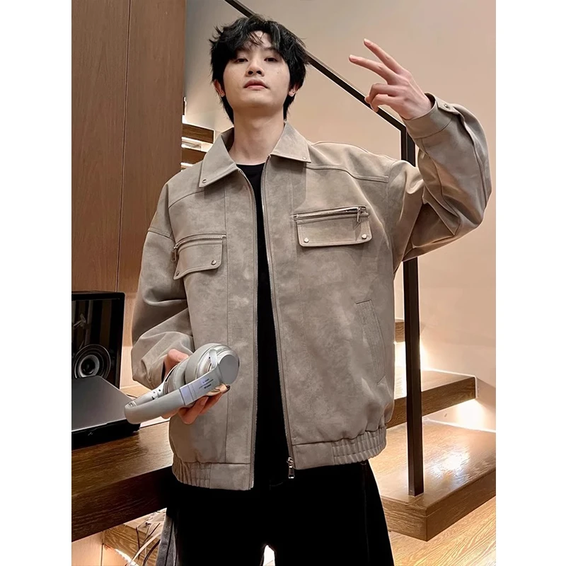 美式复古翻领工装外套男款春秋潮牌高级感痞帅潮流夹克高街棒球服