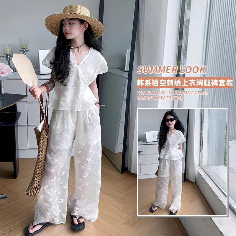 【毛妈潮牌】女童夏装宽松镂空刺绣两件套2025新款大童薄款气质套装