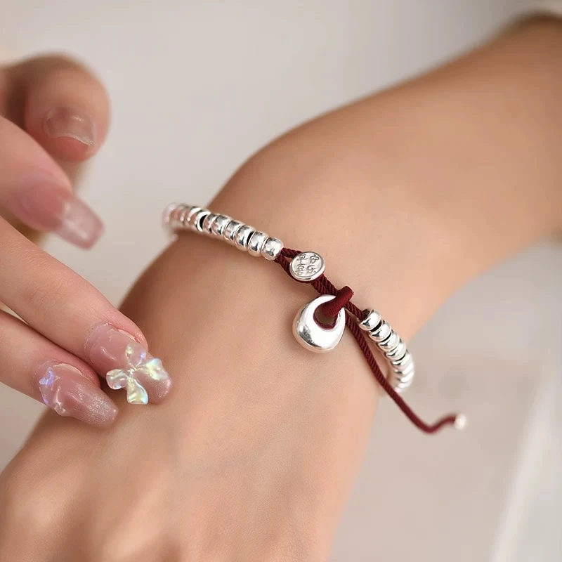 足银手链 光面盘缠时尚编织红绳手链