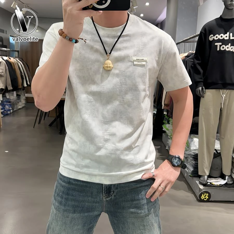VALVOELITE男薄款短袖体恤夏季潮流修身暗花透气个性磨破冰爽上衣