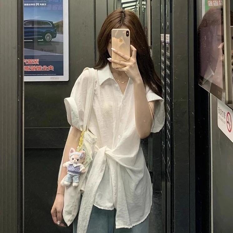 【8835】大码女装胖mm慵懒风白色衬衫夏季设计感遮肚子绑带短袖衬衣