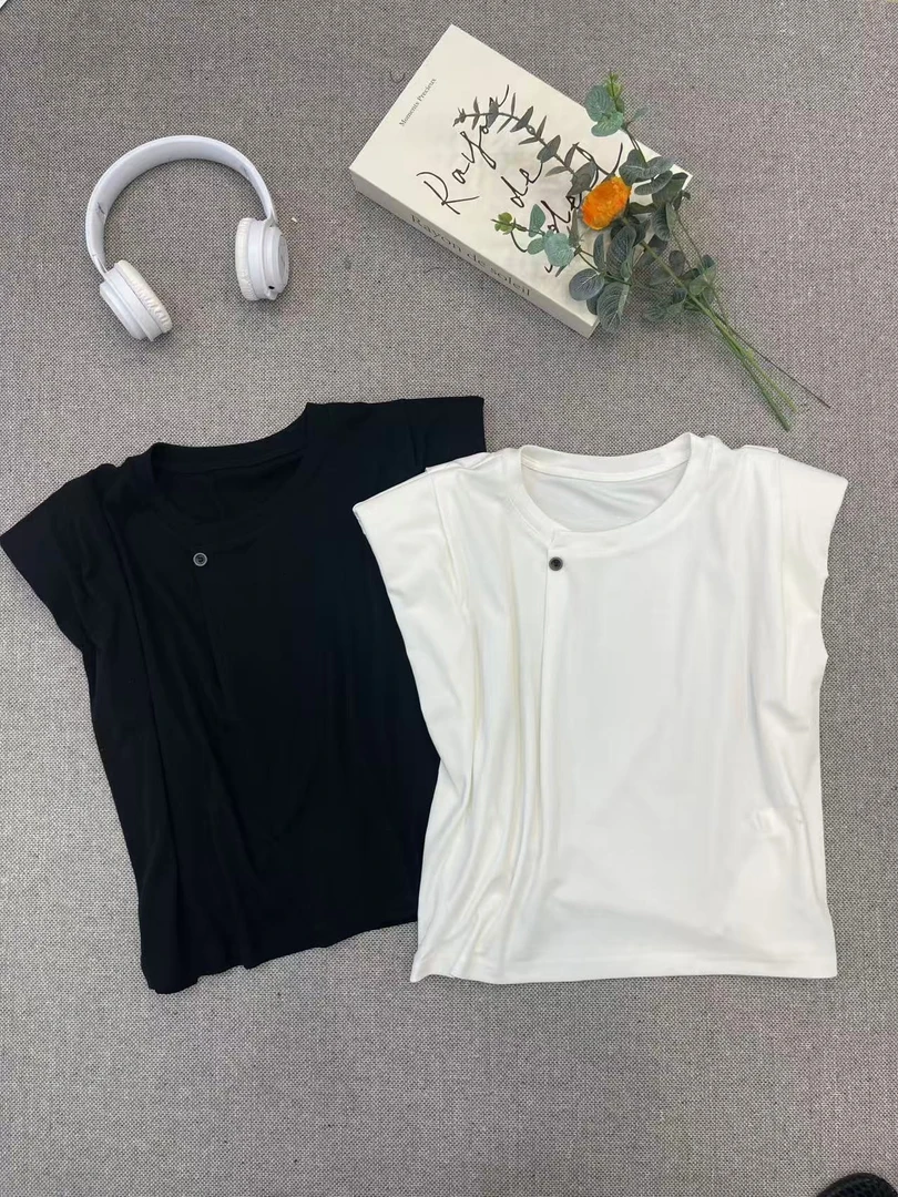 MISS RUILI  定制  夏季新款欧货圆领无袖带垫肩上衣T恤F0698