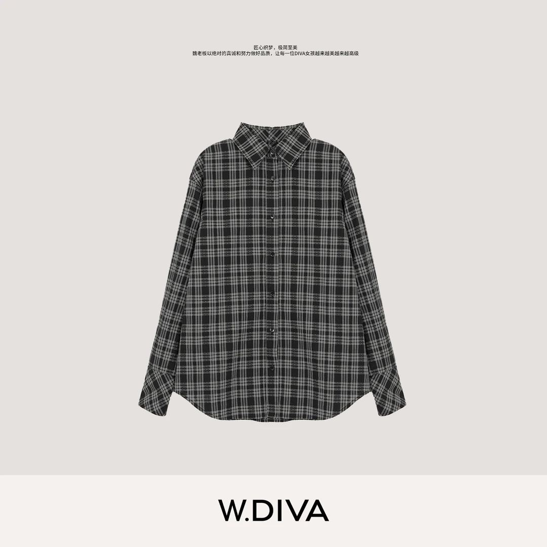 W.Diva【默格】纯棉蕾丝刺绣格纹电影感极简主义长袖衬衫53S122926