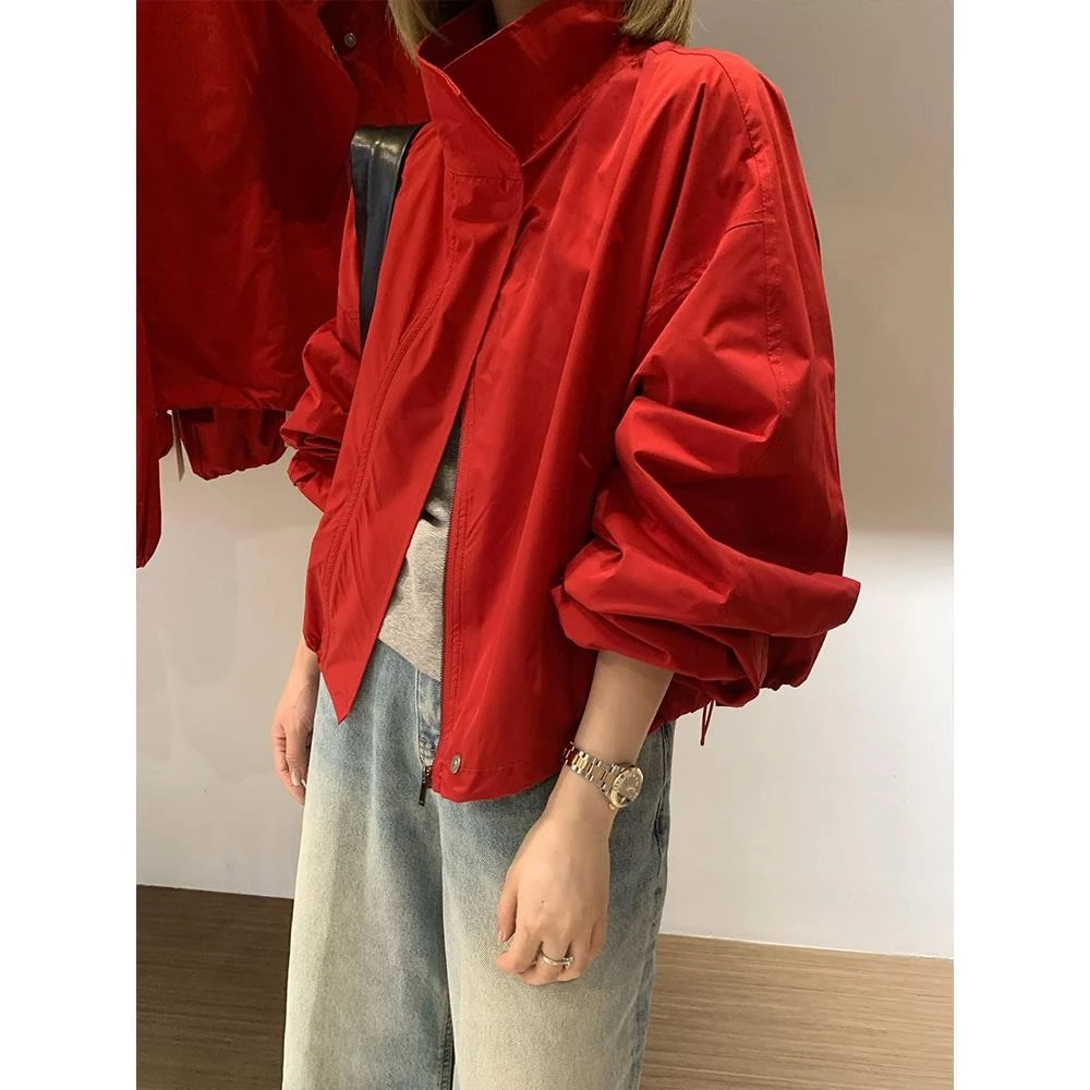 韩系红色立领廓形冲锋衣短外套女2025春季新款小个子休闲夹克上衣